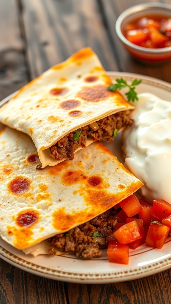 Ground Beef Quesadilla Recipe Golden brown ground beef quesadilla cut into wedges, served with salsa and sour cream on a rustic table.